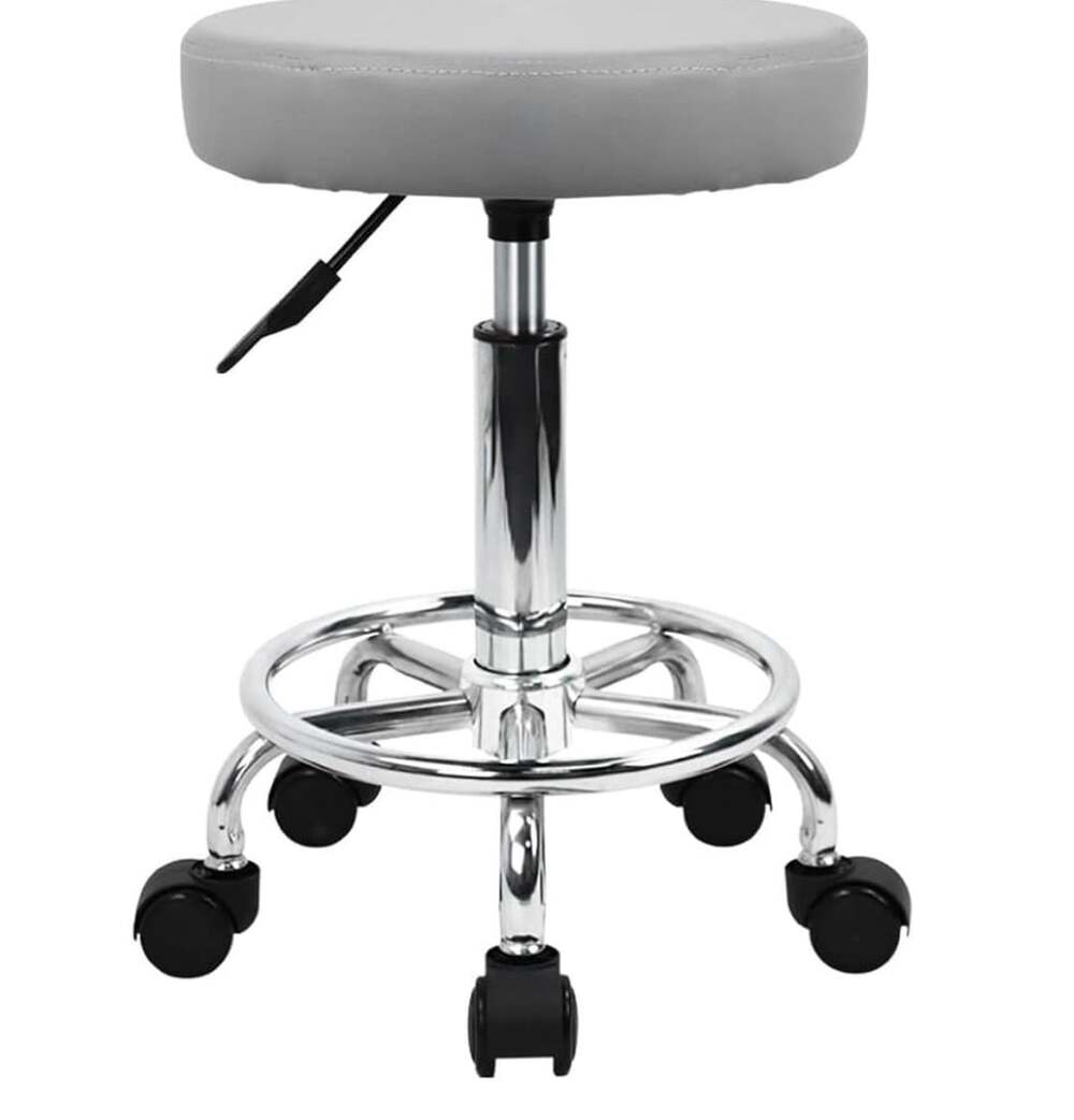 KKTONER Round Rolling Stool Gray PU Leather Swivel Drafting Task Chair
